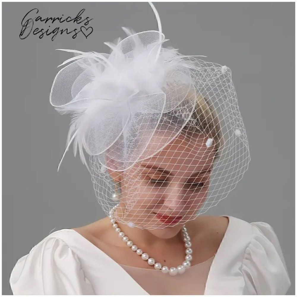 Birdcage Wedding Veil Fascinator With Feather Accent With Headband and Hair Clip